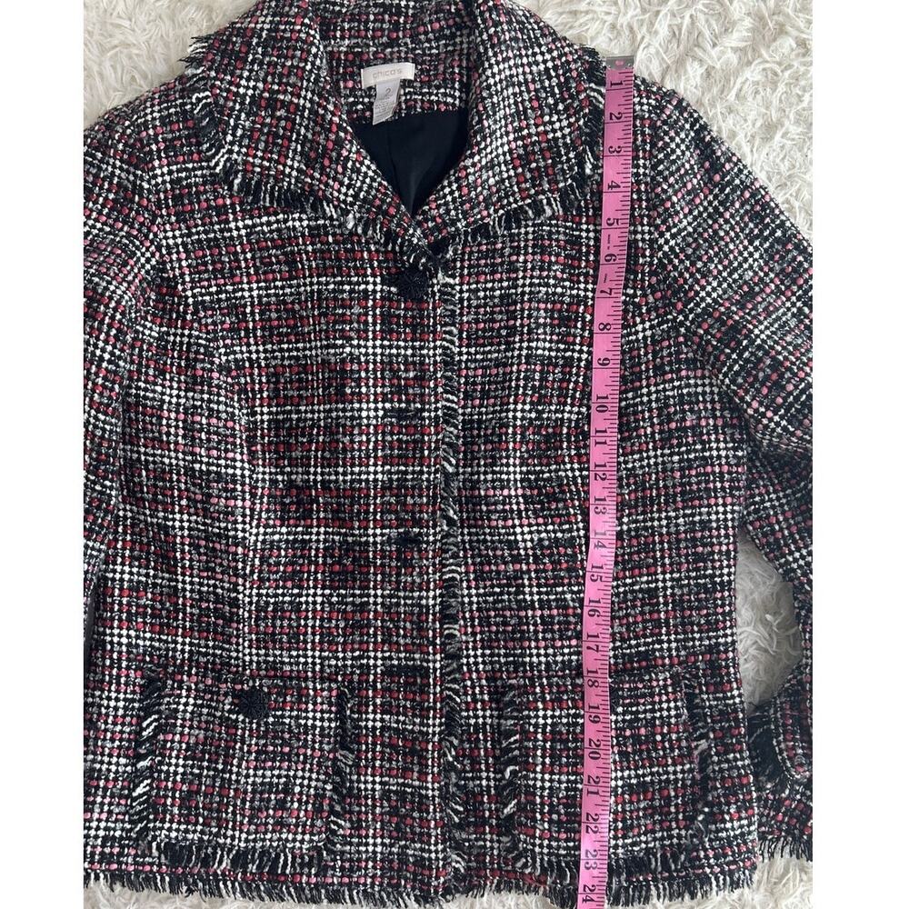 Chico's Women's Size 12 Black Gray Pink Button Up Fringe Hem Jacket Blazer #0591 - Picture 12 of 14